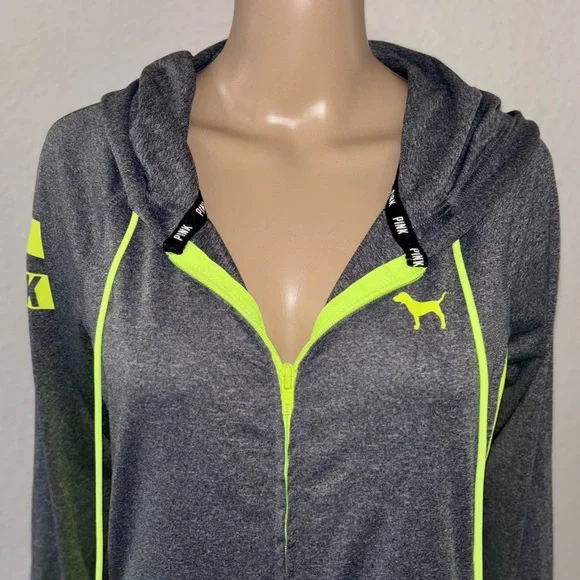 PINK VICTORIA’S SECRET ‘Ultimate’ Dark Grey & Neon Green Sporty Zip-Up Hoodie - Picture 3 of 8